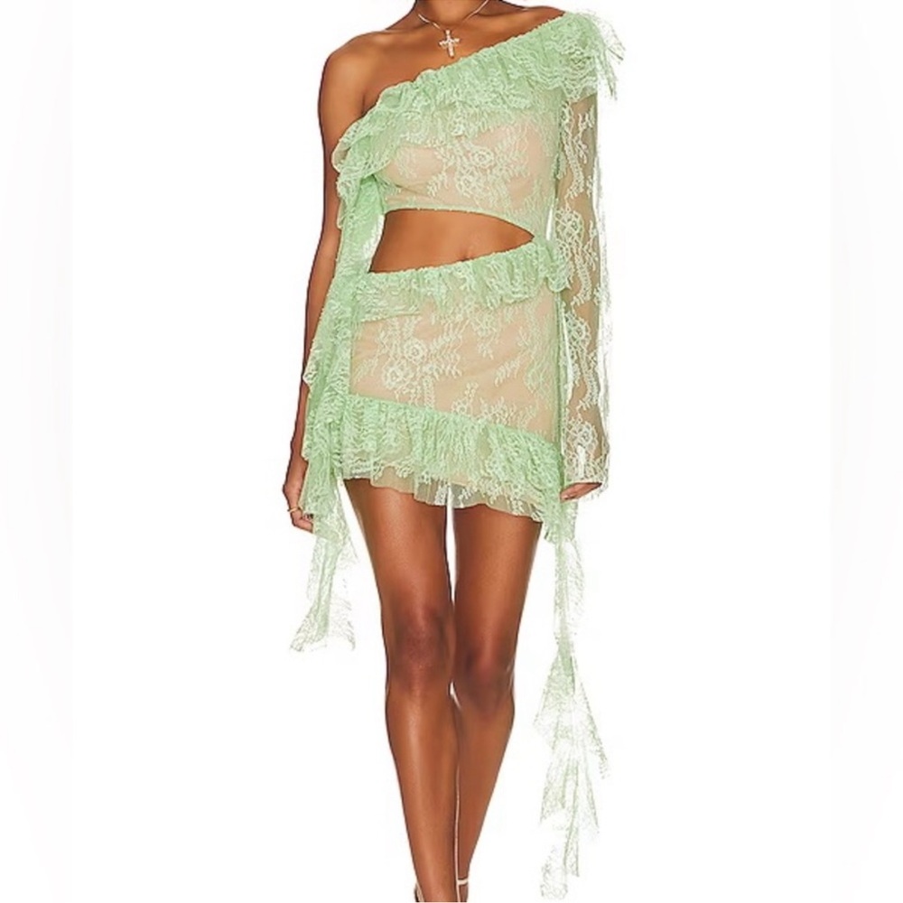 LOBA  Lace One-Shoulder Mini Dress in Green. Revolve
